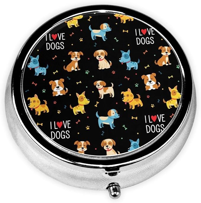 Compact Pill Container, Round Mini Box with Mirror, Travel Organizer for Supplements, Pocket Purse Holder for Daily Routine, Doodle Pets Dog Black