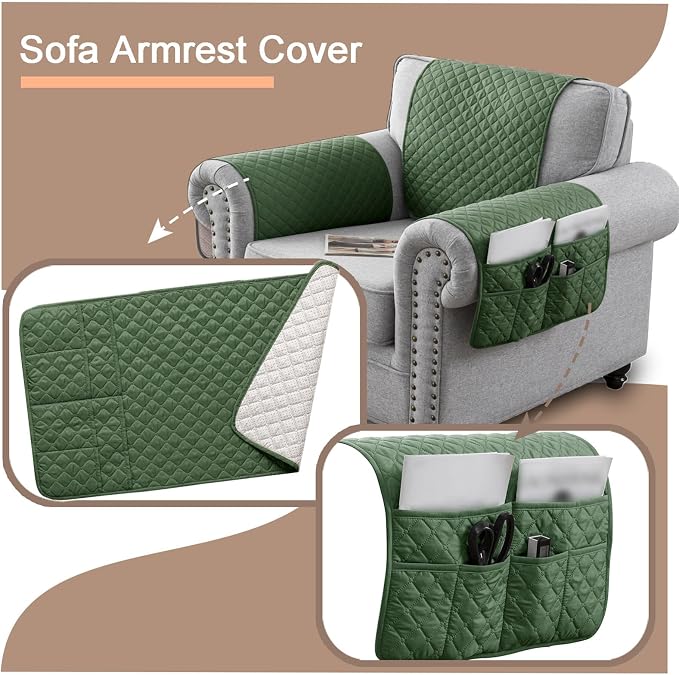 Water-Resistant Sofa Armrest and Headrest Covers with Side Pocket | Keep remotes close quilted polyester helps guard against wear, pet scratches, and kids' messes silicone backing adds grip
