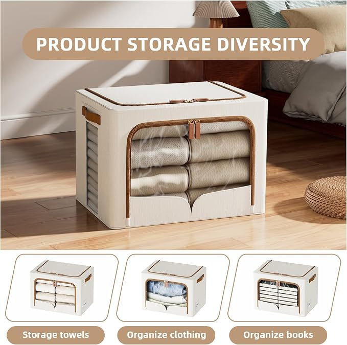 FHSQX 6 Pack Clothes Storage Bins, 70L,Cream White, 19.7x15.7x13.8 inch | Metal Frame,‎Portable, Large Clear Window, Stackable, Durable Handles, Foldable