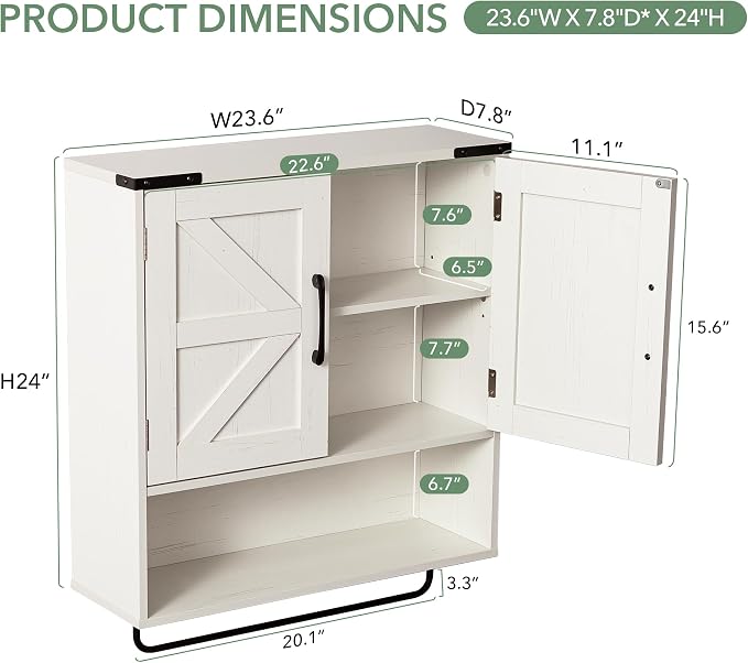24" Bathroom Wall Cabinet with Barn Doors, Towel Bar & Sensor Light | 3-Color Motion Sensor LED / Double Barn Doors / Adjustable Shelf / Open Shelf / Built-in Towel Bar / Farmhouse Style