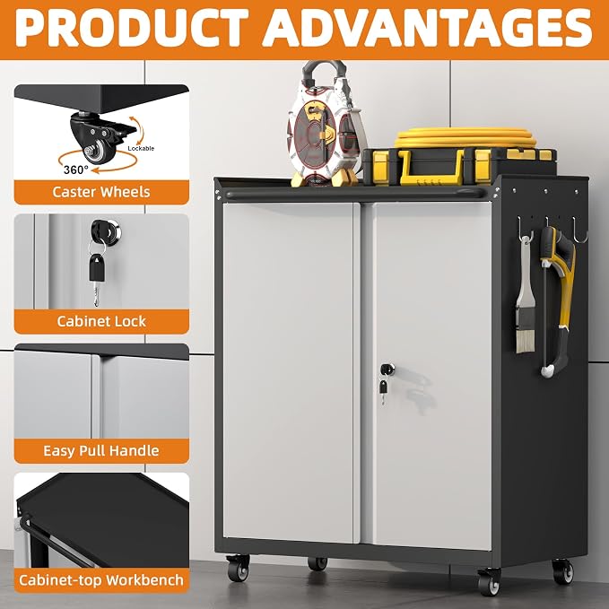 32''H Metal Storage Cabinet with Wheels, Garage Tool Storage Cabinets with Lock, Lockable Steel Rolling Tool Chest with Doors & Adjustable Shelves for Garage, Home, Office