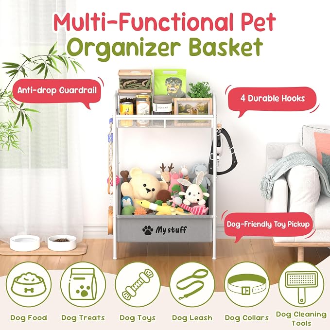 Kaiferty Medium Dog Toy basket, Toy Box for Dogs, Pet Toys Bin Dog Metal Wire Basket for Toys, Food Storage, Storage Organizer Chest Storage, Toy Box for Living Room Area (White)