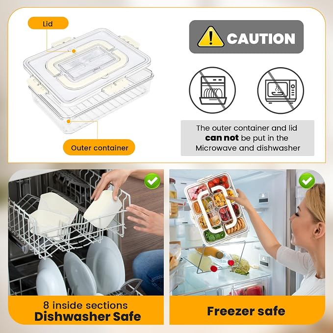 Linn'sCollection (2Pcs) Divided Serving Tray with Lid, Snackle Box Container with Cutlery Storage, 8 Fruit Forks, 2 Spoons, Fruit Tray, Portable Snack Organizer, 8 Compartments Snack Tray With Lid