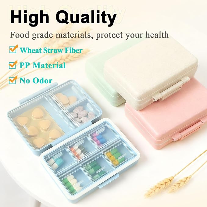 Travel Pill Organizer, 9 Compartments Portable Small Pill Box | Double Lock Daily Pill Dispenser, Made from Wheat-Straw, Hold Medicine Vitamin Supplements Fish Oils, for Travel, Work, Beige