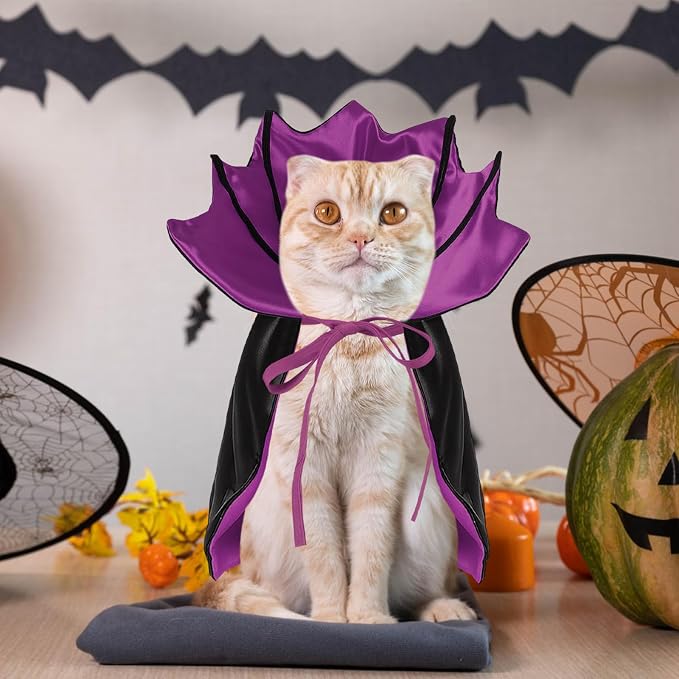 Dog Halloween Costume, Pet Cape for Small Puppy Dogs Cat Funny Red & Black Halloween Costumes with Neck Armor Adjustable Strap Idea for Vampire Party Cosplay (Purple Bat, L)