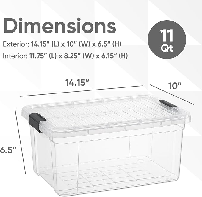 Superio 11 Quart Clear Plastic Storage Boxes with Lids, Stackable Organizer Containers, BPA-Free Storage Bins for Home, Office, School & Dorm, 8 Pack