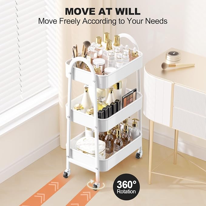 3 Tier Rolling Cart Under Desk, Large Metal Storage Cart with Handle and Lockable Wheels, Big Multifunctional Storage Organizer Trolley for Kitchen, Living Room, Office, Garage (White)