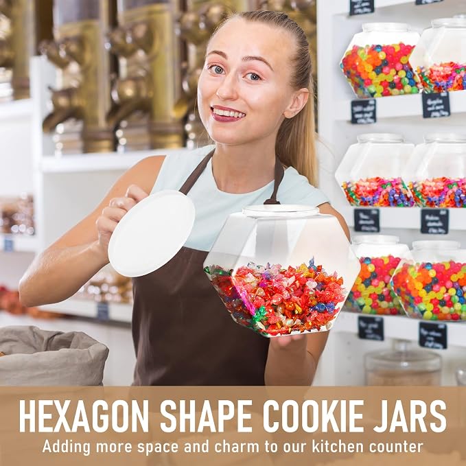Uiifan Plastic Candy Jar with Lid Clear Hexagonal Fish Bowls,145 Oz | Clear Cookie Jar Desk Pet Display, Dog Food Craft Supplies Coffee Pod Storage, Wide Mouth Easy Access Organizer