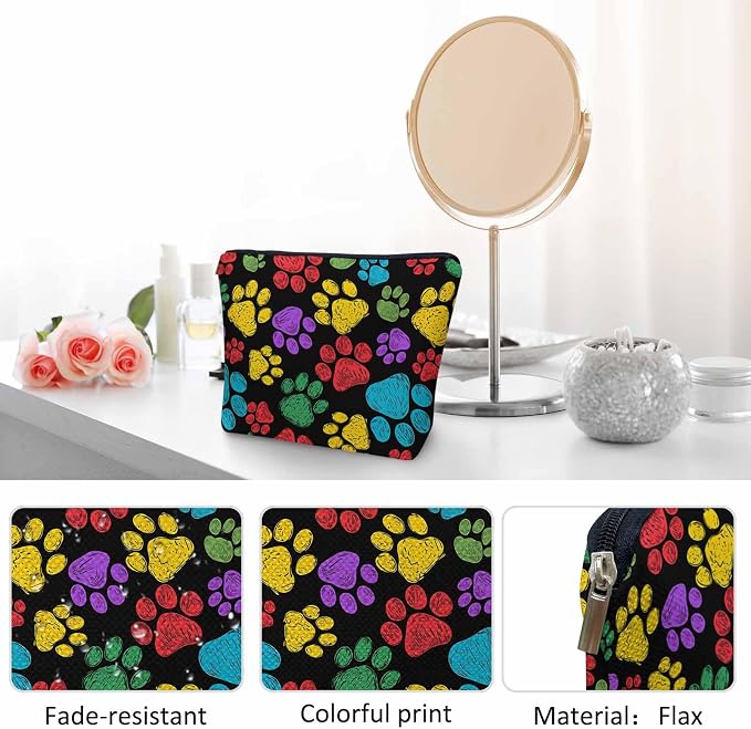 Woman Makeup Bag Dog Paw, Rainbow Doodle Paw Prints Cat Footprint Makeup Bags Travel Cosmetic Bags Toiletry Makeup Organizer Pencil Pouch Make Up Cosmetic Bag For Owners Lady Birthday Gifts