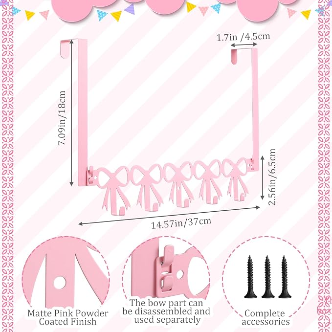 AceOrbit Pink Bow Over The Door Hooks Hanger 5 Hooks Coquettish Decor | Kawaii Bow Style for Bedroom Bathroom, Organizes Towels Hats Clothes, Farmhouse Decor, Over the Door for Kids Girls