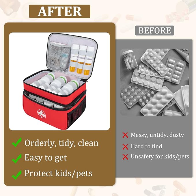 Dual Layers Medicine Organizer, Lockable Travel Pill Bag, Red | Adjustable dividers for neat pill organization. Durable zippers & portable design suit daily use, travel or first aid kit