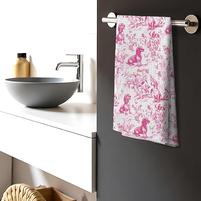 Nipi Pink Chinoiserie Dachshund Kitchen Towels, Pink Floral Botanical Dachshund Decorative Dish Tea Towels, Grandmillennial Weiner Dog Hand Towels for Kitchen Bathroom, 16x24 Inch