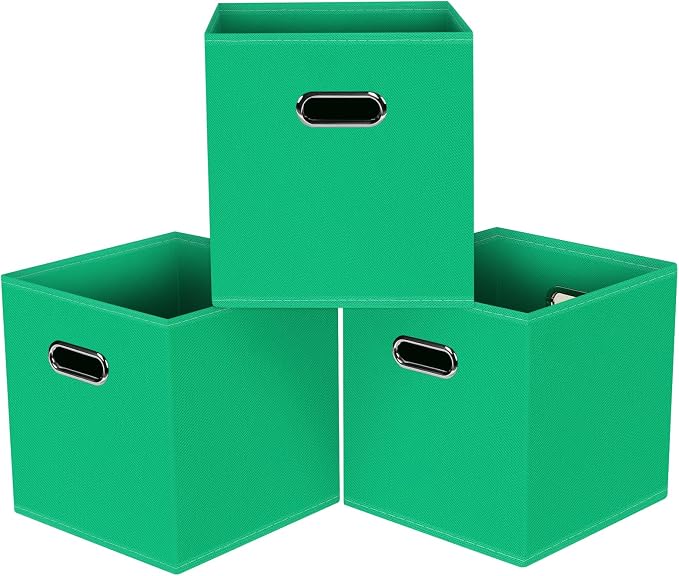 Black Foldable Storage Cubes Bins, Fabric Storage Box Cubes Organizer Baskets with Dual Handles for Home Organizer,Set of 3,(Green)