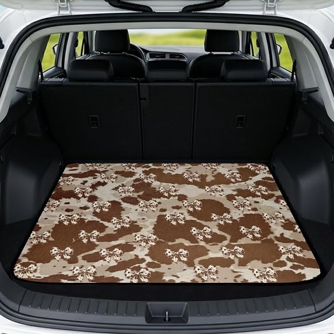 Howilath Brown Cow Print Bow Car Trunk Mat All Weather Cargo Liner Non-Slip All Weather Rear Trunk Protection Auto Interior Accessory