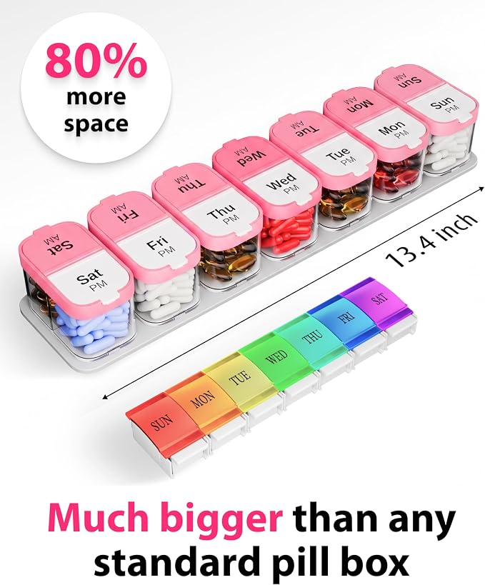 Extra Large Pill Organizer – Weekly Pill Box 7 Day AM PM for Big Vitamins & Supplements, Large Capacity Medication Dispenser with 7 Detachable Compartments, XL Pill Organizer 2 Times a Day