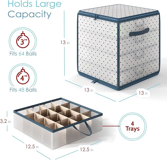 Hearth & Harbor Christmas Ornament Storage Box With 4 Inner Tray Dividers - Plastic Ornament Storage Container For 64 Holiday Ornaments or Decorations