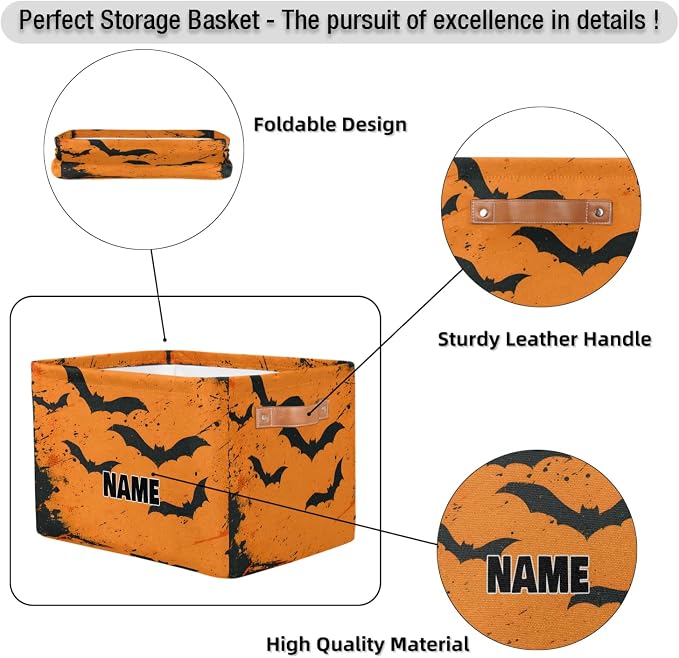 Personalized Storage Bins for Boys, Customized Name Watercolor Ink Orange Black Bat Storage Basket Rectangle Clothes Organizer for Organizing Kids and Pets Toys Shelf Closet