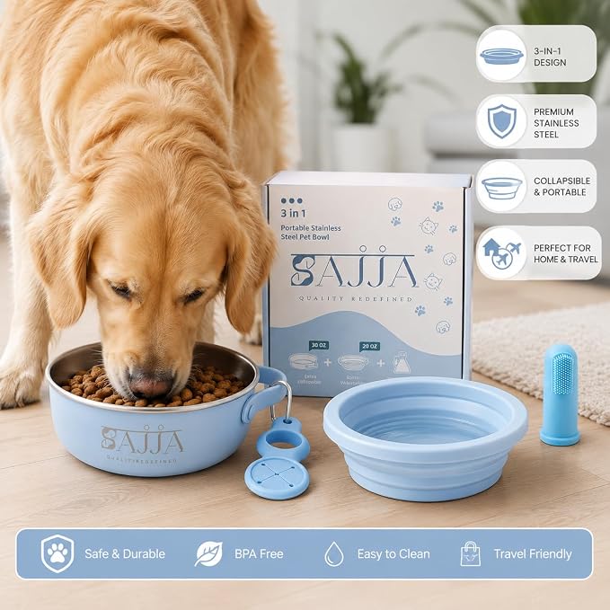 Blue Slow Feeder Travel Dog Bowl Set – 30oz Stainless Steel + 20oz Collapsible Silicone Dish + Silicone Slow Feeder Insert | Water Bottle Holder | Non-Slip, Anti-Choking, BPA-Free – Claim