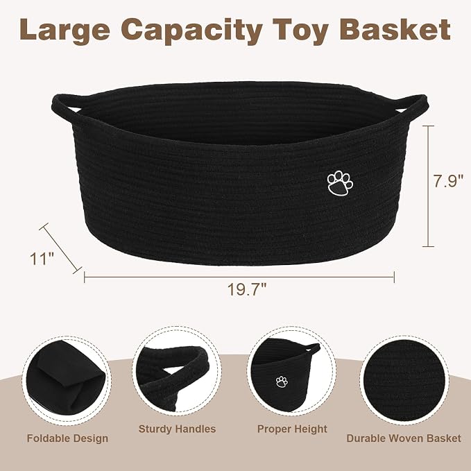 Optish Dog Toy Basket, 30L Toy Box and Bin for Dog Cat Storage, 19.7" X 11" X 7.9" Large Woven Rope Basket for Blankets, Living Room, Bedroom, Black