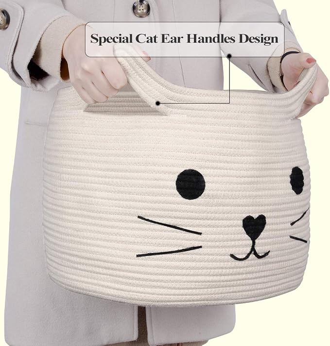 Large Woven Rope Cat Toy Basket with Cat Face Design, White | 15.7" x 11.8" Toy Bin & Box for Living Room Nursery, Baby Storage Basket for Towels, Blankets, with Sturdy Handles