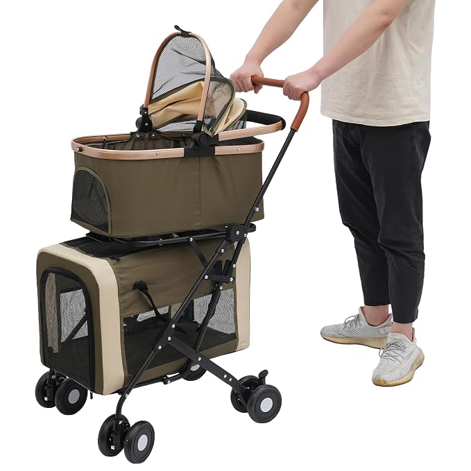 Double Pet Stroller for Dogs and Cats, Foldable Stroller for 2 Dogs & Cats,Travel Carrierwith 2 Detachable Carriers, Kittens Puppies Travel Stroller Cart for Outdoor Travel Shopping Use (Dark Green)