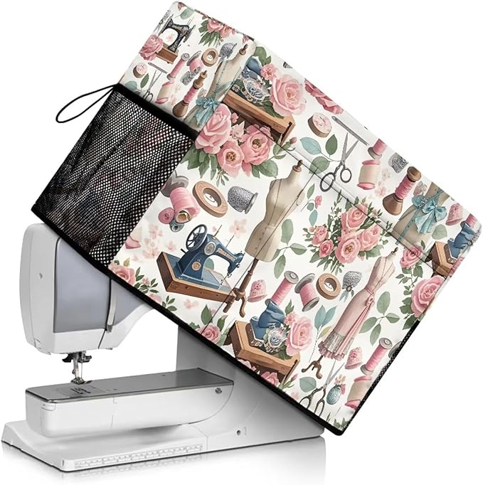 Sewing Machine Cover with Storage Pockets,Dust & Pet Hair Protection,Fits Standard Singer, Brother and Janome Machines, Protecting & Decorating Your Sewing Space Sewing Element(White)