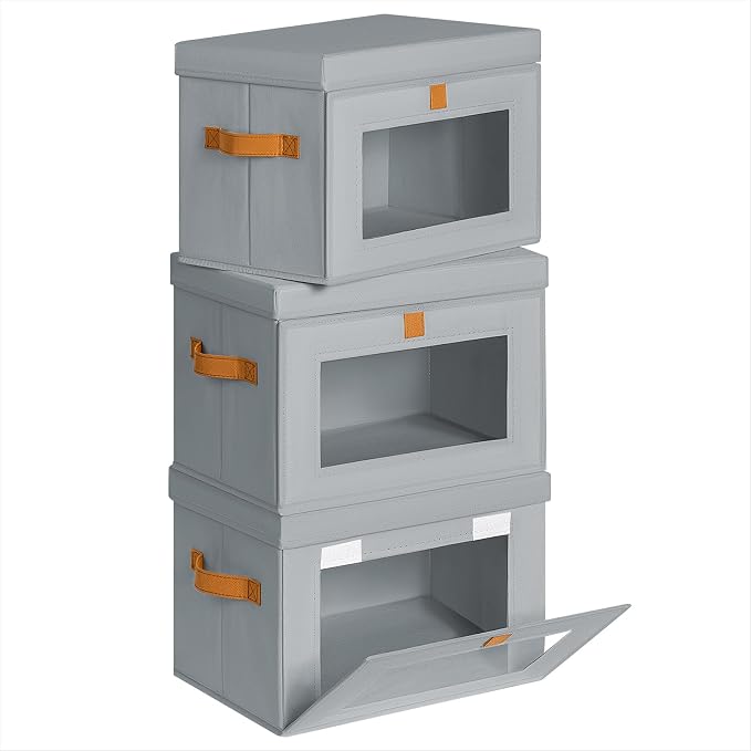 Medium Fabric Storage bins - Collapsible Storage Bins with Open Window, 3 Pack Closet Baskets for Shelves, Stackable Decorative Boxes for Home, Dorm, Grey, 13.7"x 9.8" x 9.8"