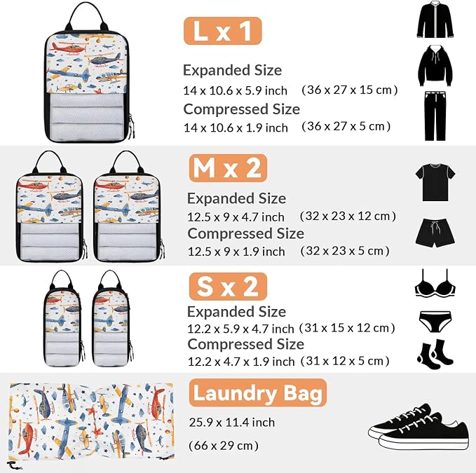 Airplane Compression Packing Cubes Cartoon 6 Set Travel Packing Cubes for Suitcases Lightweight Expandable Organizers
