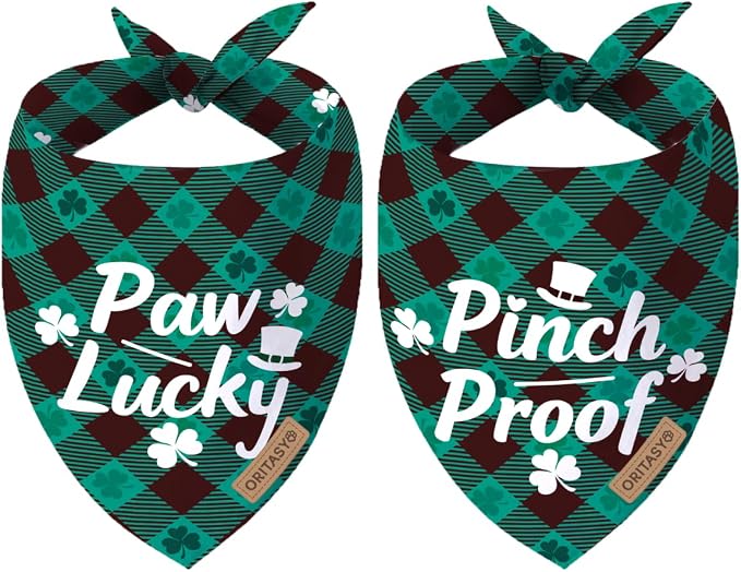 St. Patrick's Day Dog Bandanas, 2-Pack Triangle Reversible Gnomes Pet Scarves, Premium Fabric, Bandana for All Boys Girls Dogs (Paw Lucky, One Size)