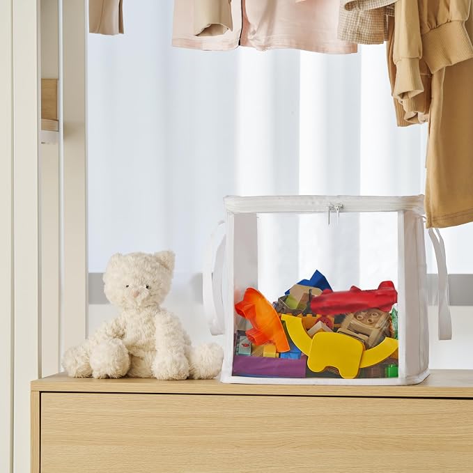 holay 2 Pack Clear Storage Cubes with Lids, 12 Inch Toy Organizer Bins | Transparent lid & sides; reinforced carry handles; folds flat; holds toys, clothes, books; fits cube shelves