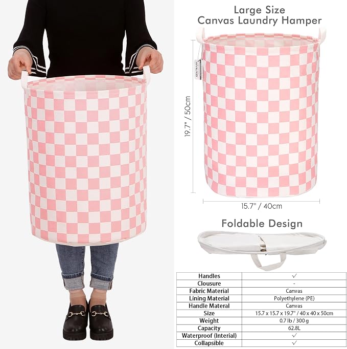 Sea Team Large Canvas Laundry Basket with Handles, Pink Grids | Collapsible Fabric Laundry Hamper, Closet Shelf Organizers, Containers for Clothing, Blankets, Toys, Bedding, 19.7 x 15.7”