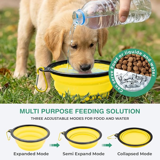 Collapsible Dog Water Bowls, Foldable Pet Feeding Dish, Yellow | Portable, Travel, Food Bowl, Dogs and Cats, Walking Hiking Camping, Carabiner, BPA Free