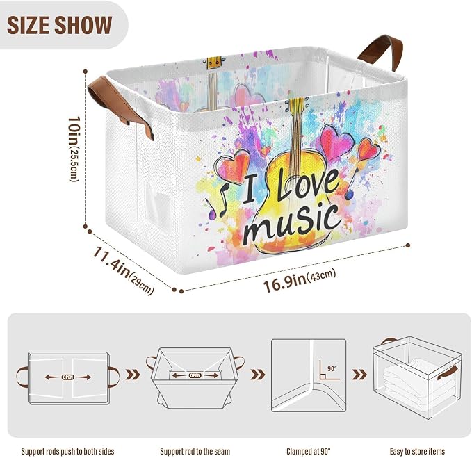I Love Music Quoted Musical Guitar Storage Basket Foldable Cube Storage Bins with Handles&Label Collapsible Organizer Box Bin Large Rectangle Decorative Baskets for Shelves Home Room Closet, 2 Pack