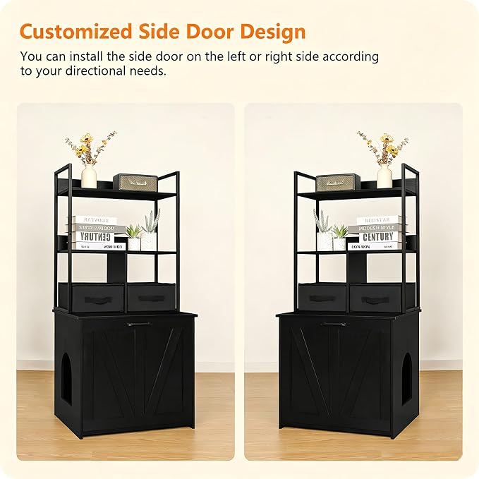 Dwanton Cat Litter Box Enclosure, 2 Storage Shelves and 2 Drawers, 50" H | 2-in-1 Hidden Cat Litter Box Enclosure Furniture with Shelf, Metal Frame, Reversible Entrance, Washable Drawers, Black