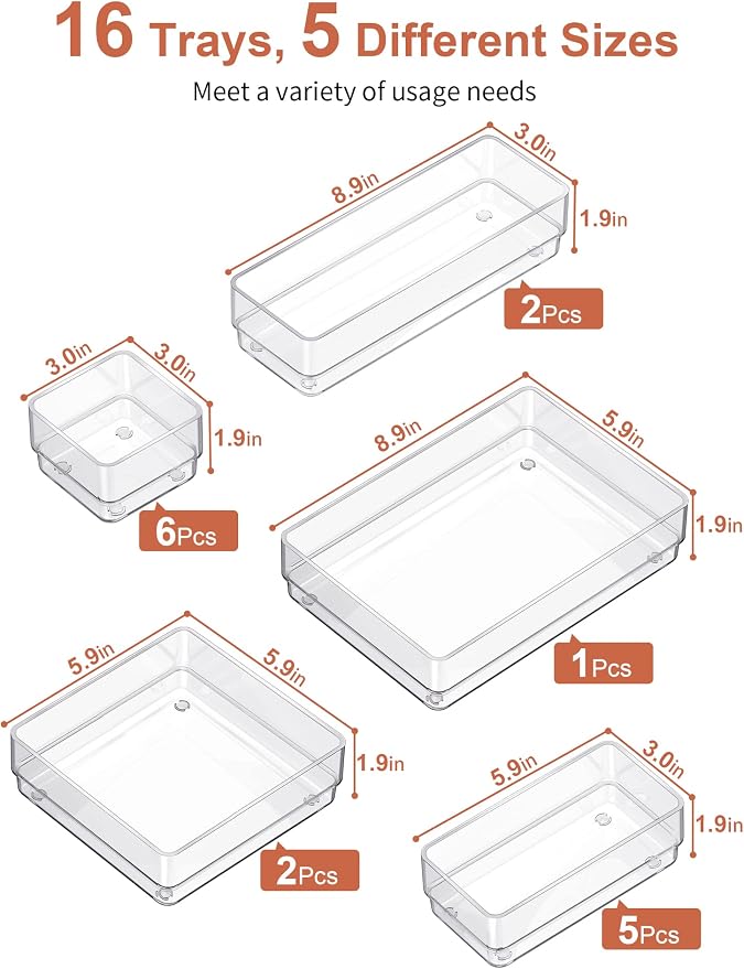SMARTAKE 16 PCS Drawer Organizer, 5-Size Desk Bathroom Drawer Organizer | 5-Size Storage Tray with Non-Slip Silicone Pads for Makeup, Jewelries, Utensils in Bedroom Dresser, Office and Kitchen, Clear
