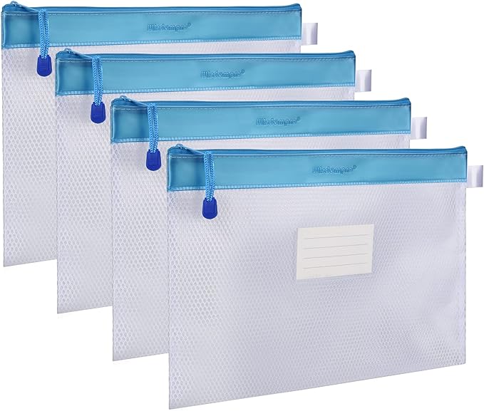 Wisdompro Zipper Pouch, 4 Pack Waterproof Mesh File Bag, Document Organizer | 13.3x9.8", Letter Size Mesh Bag with Outer Label Pocket, Durable, Perfect for File, Paper, Pen, Office, School, Home, Blue