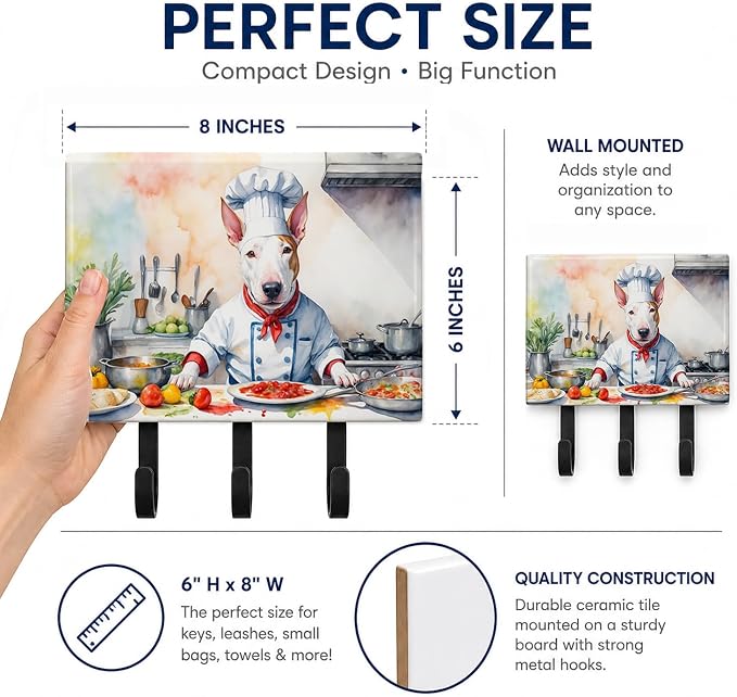 Caroline's Treasures Bull Terrier The Chef Leash or Key Holder Wall Hooks, Key Hooks Holder, Coat Rack Wall Mount, Coat Hooks, Hooks for Hanging Keys, Towels, Aprons, Leashes | Bull Terrier The Chef artwork on ceramic tile with three steel hooks for ke...