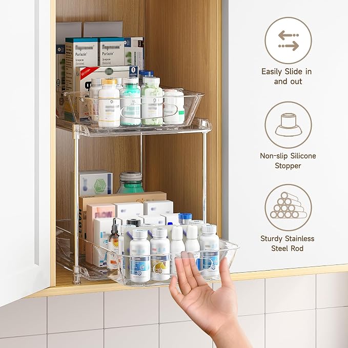 4-Pack 2-Tier Under Sink Organizer with Pull Out Drawers | Multi-use kitchen & bathroom storage. Includes hanging hooks and cups. transparent, space-saving cabinet design. 11.2 Inch