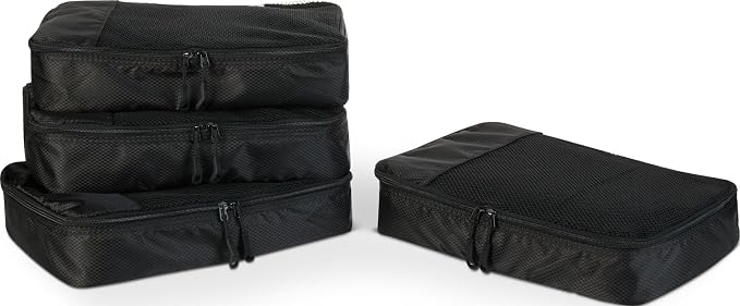 Amazon Essentials 4-Piece Packing Cubes Travel Accessories Set, Luggage Organizer with Double Zipper, Mesh Top, Space-Saving, Medium, Black (Previously Amazon Basics)