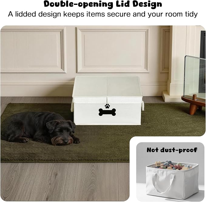 Dog Toy Basket with Double-Open Lid, Divided Dogs Basket for Toys, Collapsible Pet Toy Box, Dog Storage Organizer with 2 Divided Area, Puppy Toys Baskets with Rope Handles, Beige