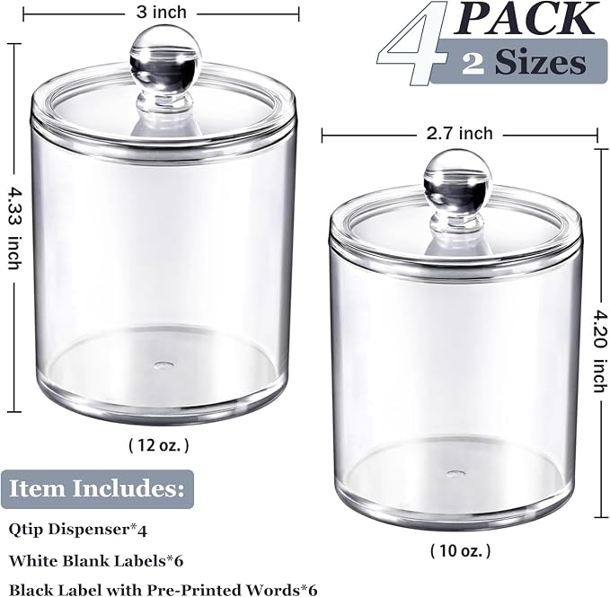 SheeChung 4 Pack Acrylic Qtip Holder with Labels, Qtip Jars for Bathroom | (2) 1& (2) 12oz Qtip Holder Set, Shatterproof Bathroom Vanity Organizer for Cotton Swabs, Balls, Pads - Minimalist Decor