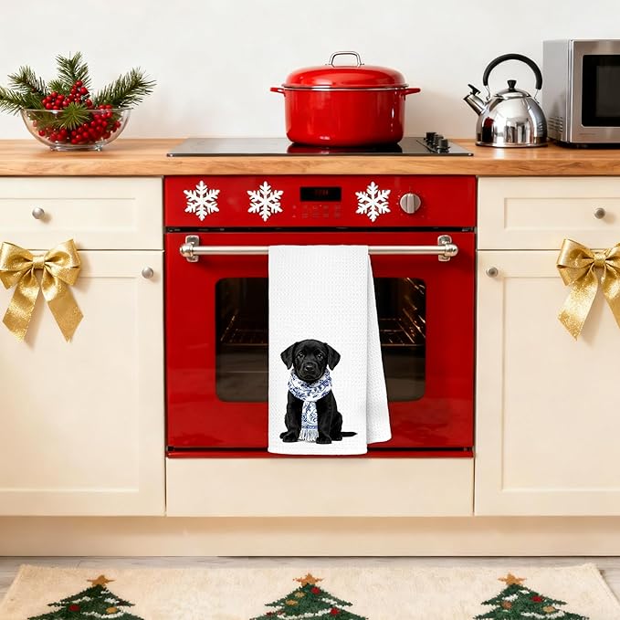 Chinoiserie Black Labrador Retriever Kitchen Towels 16x24 in, Black Lab Gifts, Gifts for Labrador Lovers, Grandmillennial Blue Scarf Dog Decorative Hand Tea Dish Towels for Bathroom Kitchen