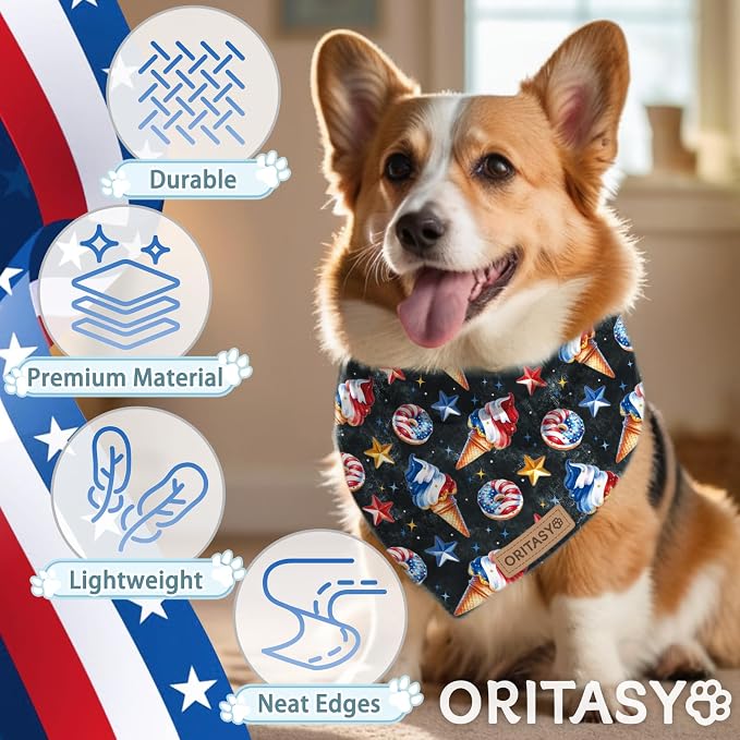 US Flag 4th of July Dog Bandanas, 2-Pack Triangle Reversible Pet Scarves, Premium Fabric, Bandana for All Boys Girls Dogs (X-Large, 26-Style 2)