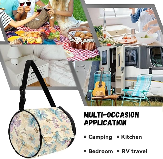 Hanging Paper Tower Holder Wall Mounted Cylinder Toilet Paper Roll Storage Holder with Adjustable Strap Easy to Install 6.3 * 6.3 * 6.3 Inch,Aesthetic Dragonfly