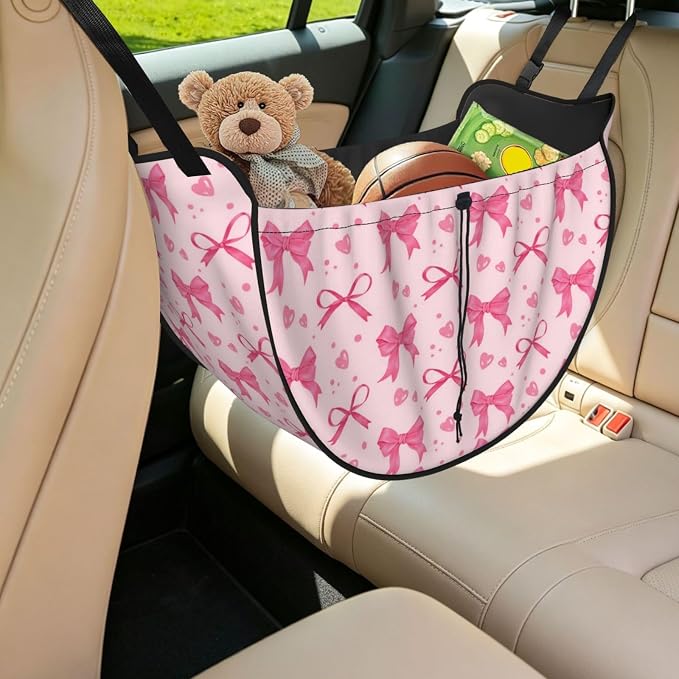 Pink Bow Heart Car Seat Organizer Backseat Storage Bag, Large Waterproof Vehicle Organizer With Adjustable Straps For Gear Essentials, Fits Most Cars