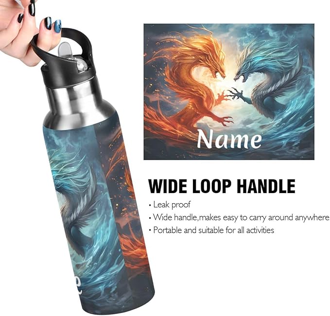 Custom Name Dragons Water Bottle with Straw Lid Kids Insulated Stainless Steel Water Flask Sports, 20 Oz Hot Cold