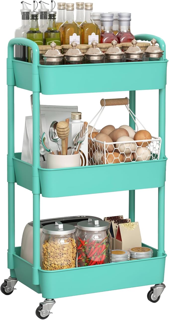 Sywhitta 3-Tier Plastic Rolling Utility Cart with Wheels for Storage, Green | Multi-Functional Storage Trolley, for Office, Living Room, Kitchen, Bathroom,Movable Organizer,Space-Saving,Easy to assemble