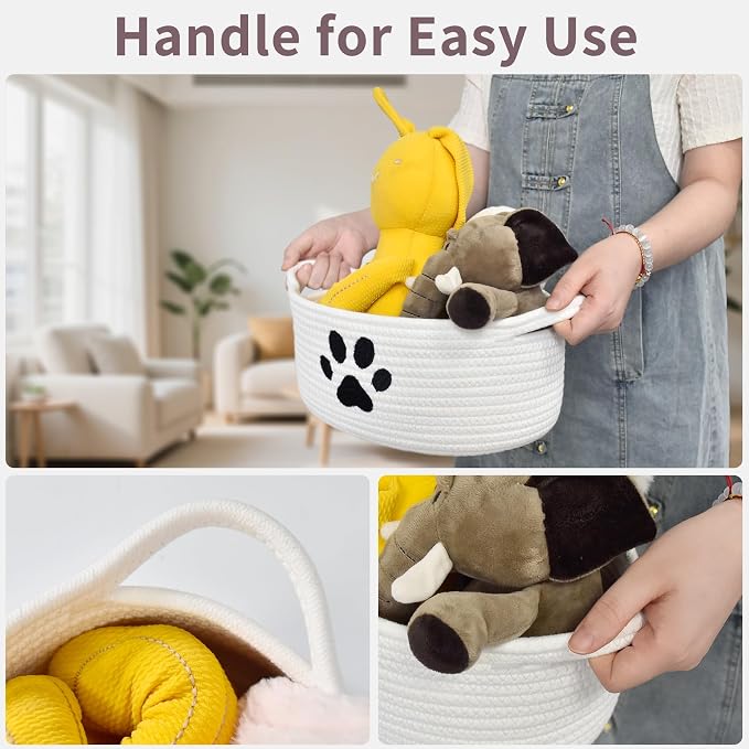Small Woven Basket with Handle, Cute Dog Paw Baskets for Gifts Empty, Decorative Rope Woven Storage Dog Toy Basket, Nursery Baskets for Baby Shower, 12" x 8" x 5"