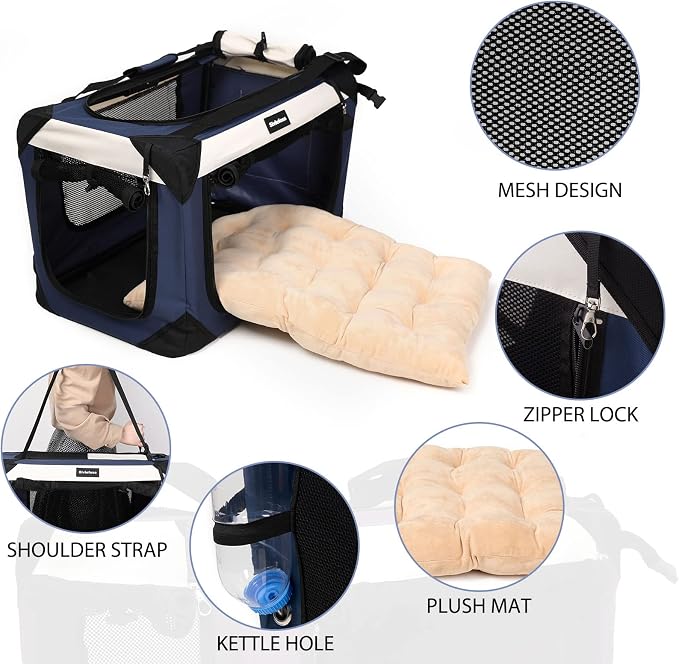 Collapsible Dog Travel Crate,Portable Soft-Sided Pet Carrier Extra Large Cat Carrier with Soft Plush Plush Mat for Indoor and Outdoor,28x20x20in,Navy Blue