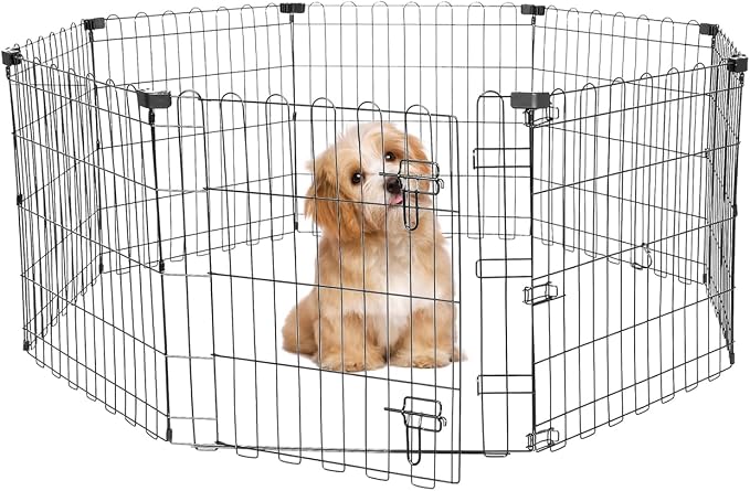 24" H Dog Playpen, 8 Panels Foldable Metal Pet Exercise Pen for Puppy | Pet Dog Fence Indoor/Outdoor Use Metal Playpen, Portable Fence with Door for Yard Garden Camping, Black